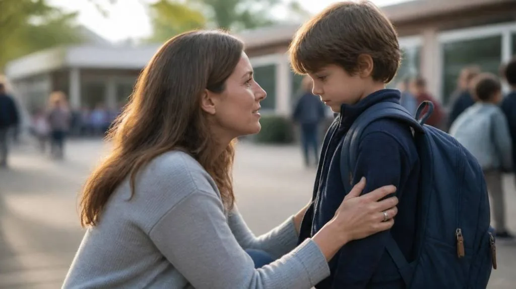 Maman accroupie qui rassure tendrement son enfant devant l’école le jour de la rentrée