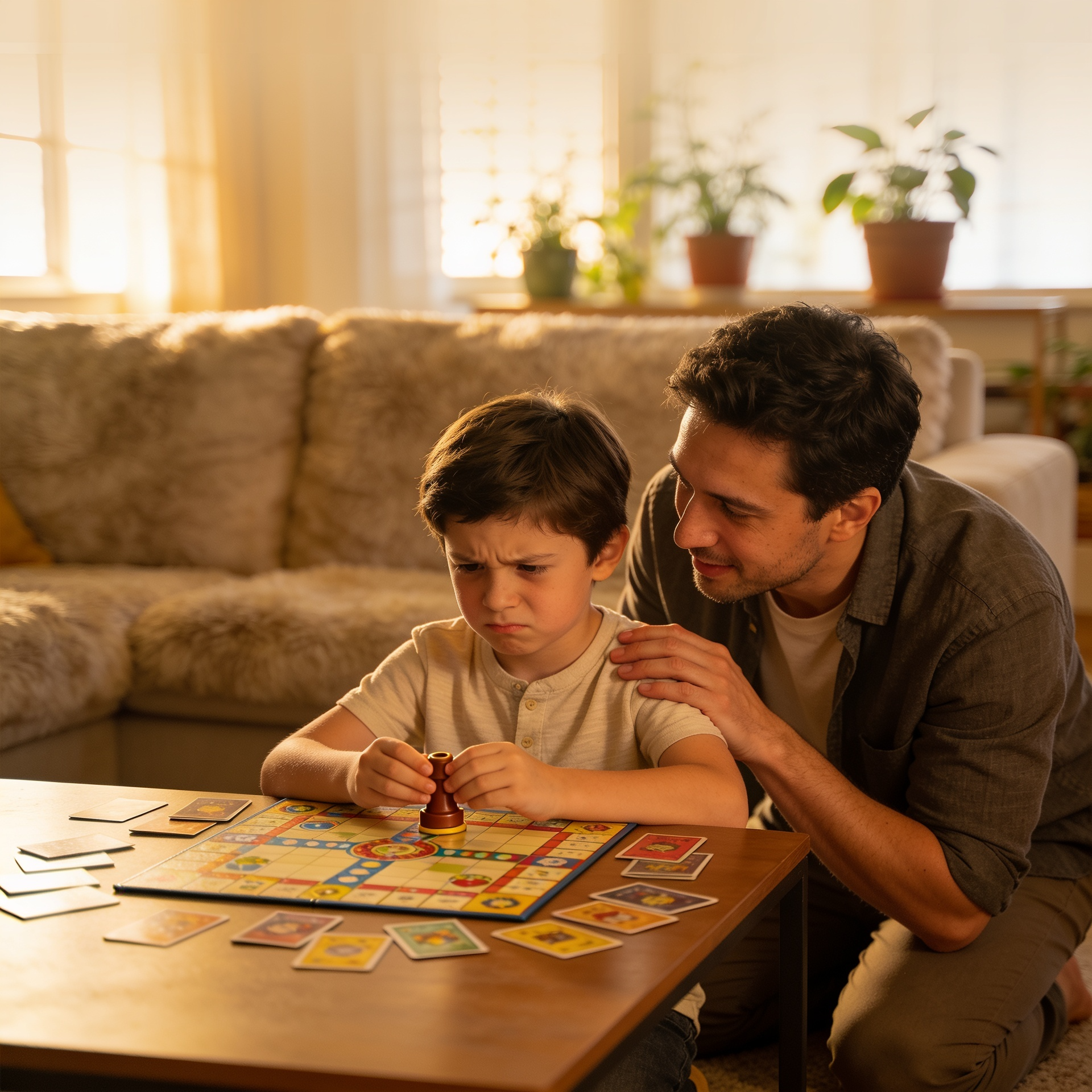 Enfant frustré devant un jeu, parent qui l'aide à apprendre à perdre