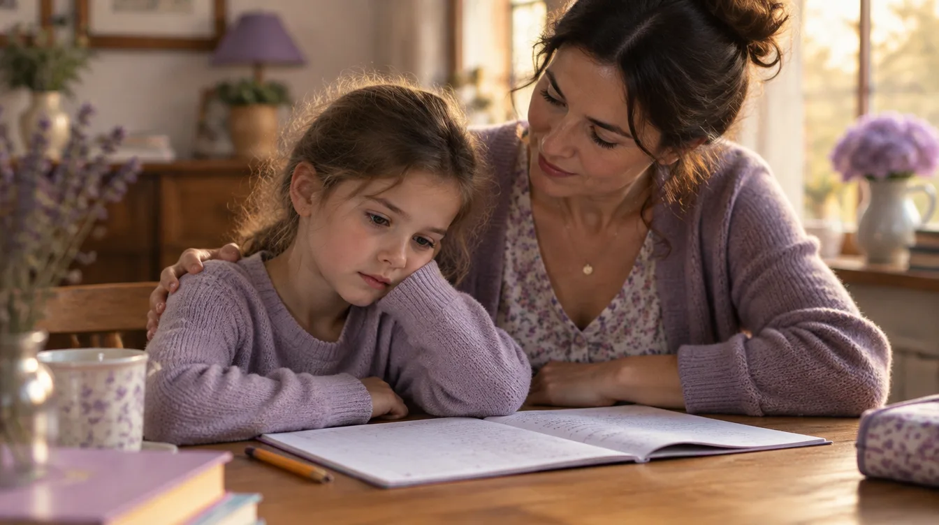 Enfant fatiguée devant ses devoirs, la tête appuyée sur la main, en conflit avec les devoirs du soir