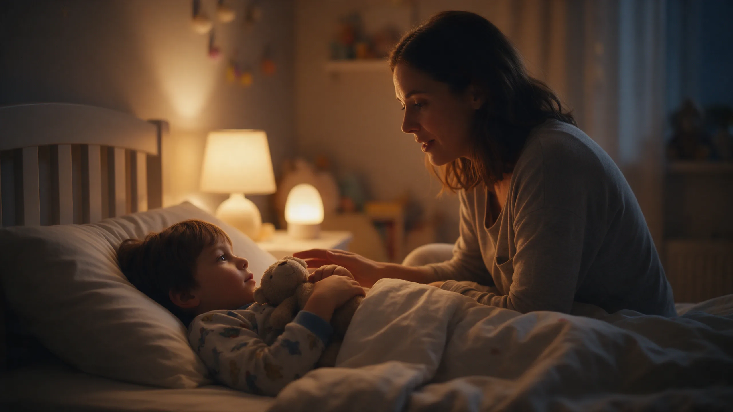 Une maman penchée sur son enfant couché dans son lit, le soir, à la lumière douce d'une lampe de chevet