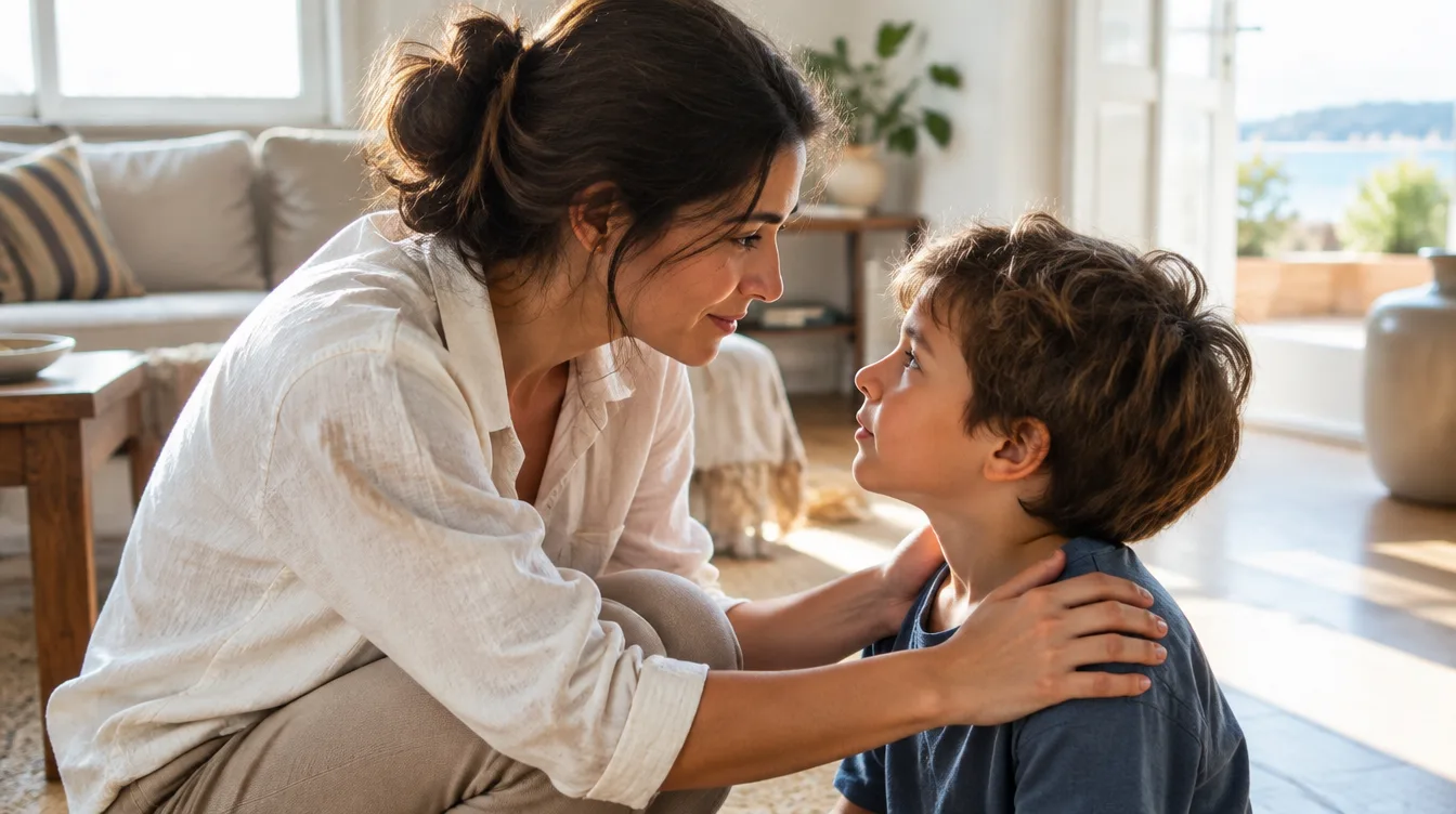 Mère accroupie à hauteur de son enfant, main sur l'épaule et regard dans le sien, dans un salon lumineux : se rapprocher pour mieux se faire écouter.